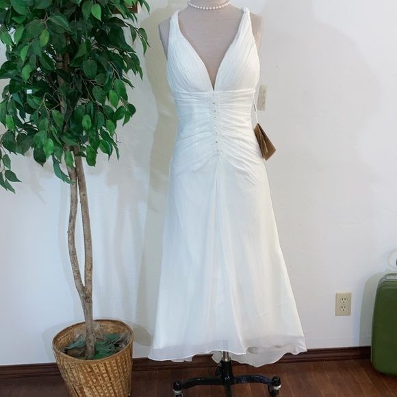 Crepe Chiffon Beach Wedding Rehearsal Prom Formal Dress Gown Ruched  Plunge  12 - Picture 5 of 10